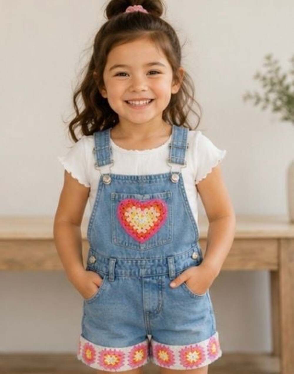 Little Lass Denim Crochet Heart Shortall Size 5_K22